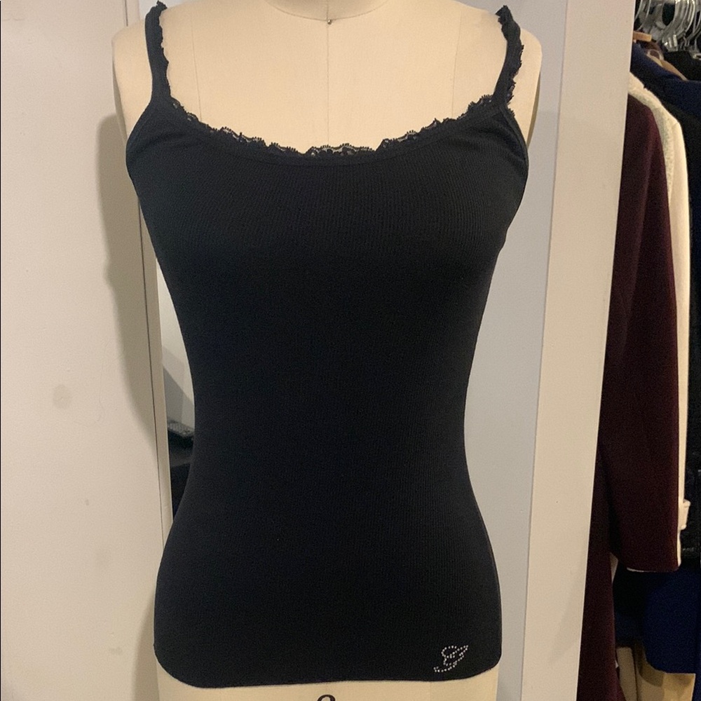 G by Guess Rhinestone Y2K Black Lace Trim Camisole